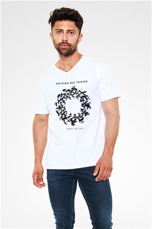 Nothing But Thieves Baskılı Beyaz Unisex V Yaka Tişört - Tshirt