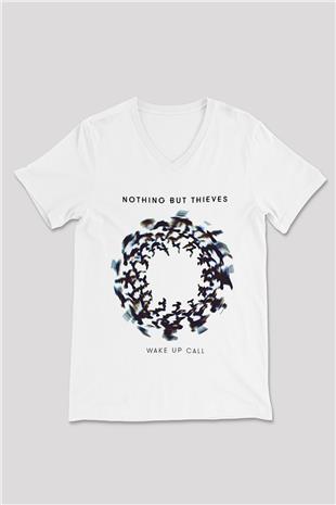 Nothing But Thieves Baskılı Beyaz Unisex V Yaka Tişört - Tshirt