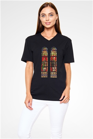 Notre Dame Katedrali Siyah Unisex V Yaka Tişört T-Shirt