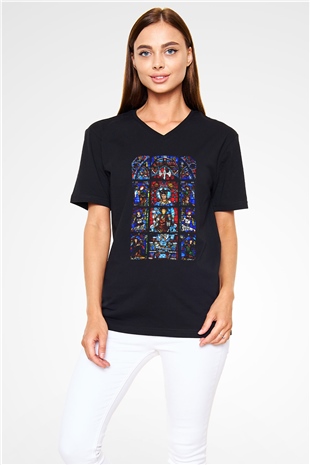 Notre Dame Katedrali Siyah Unisex V Yaka Tişört T-Shirt