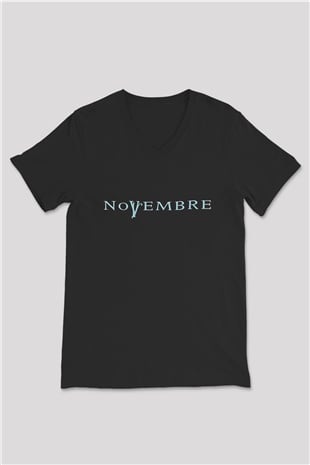 Novembre Baskılı Unisex Siyah V Yaka Tişört - Tshirt
