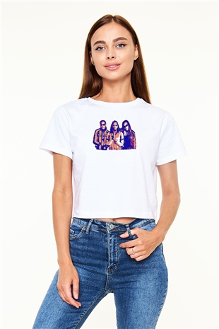 Offset Baskılı Beyaz Crop Top Kadın Tişört - Tshirt