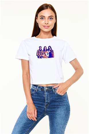 Offset Baskılı Beyaz Crop Top Kadın Tişört - Tshirt