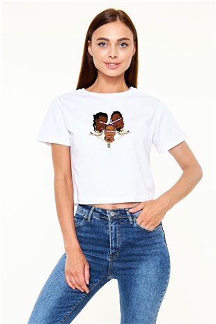 Offset Baskılı Beyaz Crop Top Kadın Tişört - Tshirt