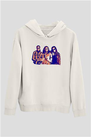 Offset Baskılı Beyaz Unisex Kapüşonlu Sweatshirt