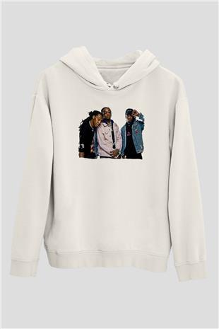Offset Baskılı Beyaz Unisex Kapüşonlu Sweatshirt