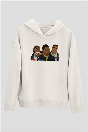 Offset Baskılı Beyaz Unisex Kapüşonlu Sweatshirt