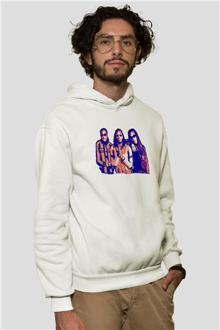 Offset Baskılı Beyaz Unisex Kapüşonlu Sweatshirt