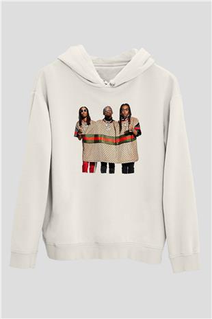 Offset Baskılı Beyaz Unisex Kapüşonlu Sweatshirt