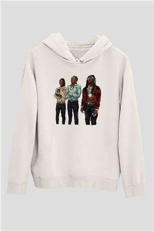 Offset Baskılı Beyaz Unisex Kapüşonlu Sweatshirt