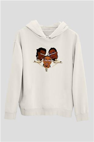 Offset Baskılı Beyaz Unisex Kapüşonlu Sweatshirt