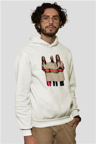 Offset Baskılı Beyaz Unisex Kapüşonlu Sweatshirt