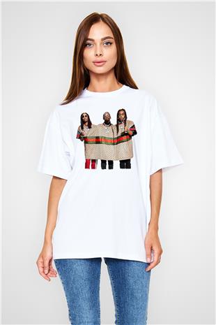 Offset Baskılı Beyaz Unisex Oversize Tişört - Tshirt