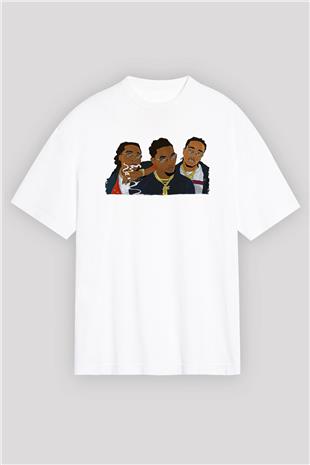 Offset Baskılı Beyaz Unisex Oversize Tişört - Tshirt