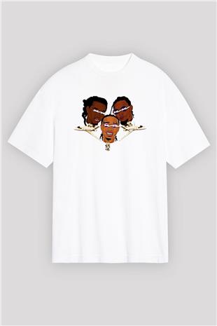 Offset Baskılı Beyaz Unisex Oversize Tişört - Tshirt