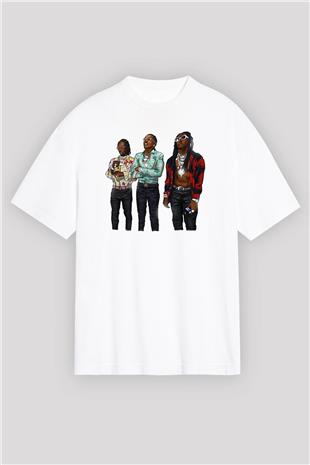 Offset Baskılı Beyaz Unisex Oversize Tişört - Tshirt