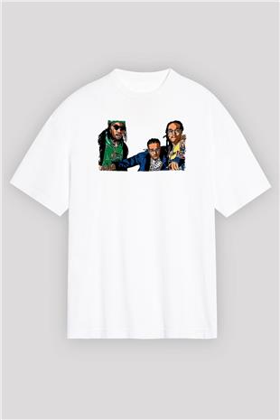 Offset Baskılı Beyaz Unisex Oversize Tişört - Tshirt