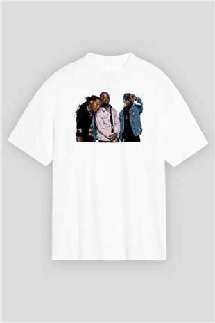 Offset Baskılı Beyaz Unisex Oversize Tişört - Tshirt