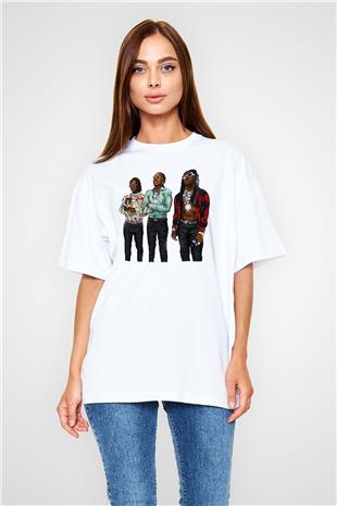 Offset Baskılı Beyaz Unisex Oversize Tişört - Tshirt