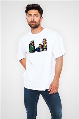Offset Baskılı Beyaz Unisex Oversize Tişört - Tshirt