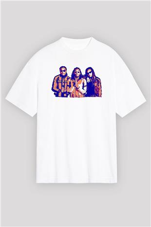 Offset Baskılı Beyaz Unisex Oversize Tişört - Tshirt