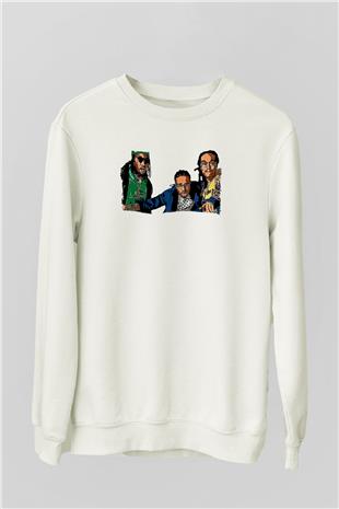Offset Baskılı Beyaz Unisex Sweatshirt