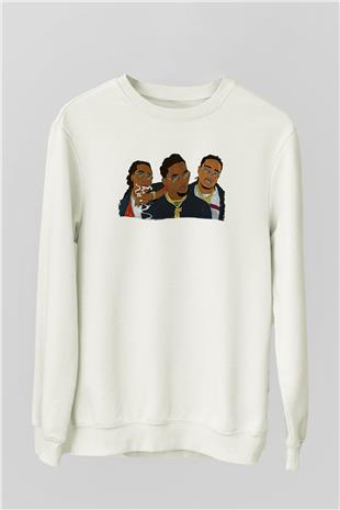 Offset Baskılı Beyaz Unisex Sweatshirt
