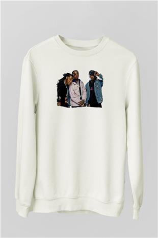 Offset Baskılı Beyaz Unisex Sweatshirt
