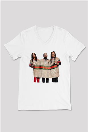 Offset Baskılı Beyaz Unisex V Yaka Tişört - Tshirt