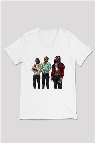 Offset Baskılı Beyaz Unisex V Yaka Tişört - Tshirt