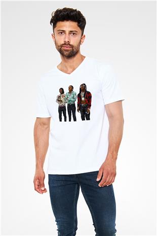 Offset Baskılı Beyaz Unisex V Yaka Tişört - Tshirt