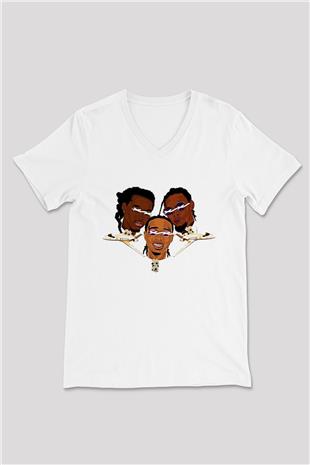 Offset Baskılı Beyaz Unisex V Yaka Tişört - Tshirt
