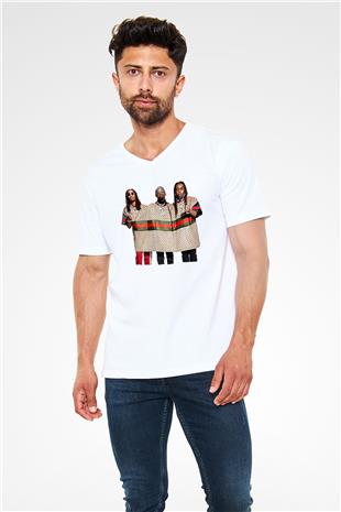 Offset Baskılı Beyaz Unisex V Yaka Tişört - Tshirt
