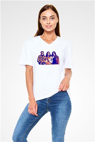 Offset Baskılı Beyaz Unisex V Yaka Tişört - Tshirt