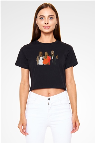 Offset Baskılı Siyah Crop Top Kadın Tişört - Tshirt