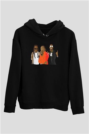 Offset Baskılı Unisex Siyah Hoodie