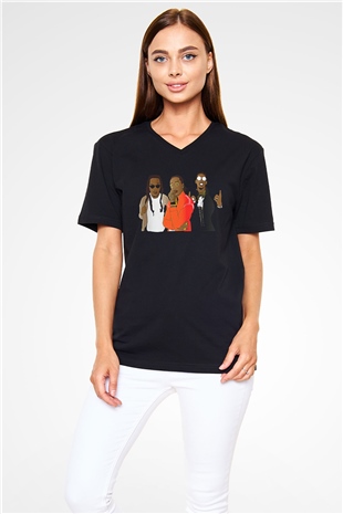 Offset Baskılı Unisex Siyah V Yaka Tişört - Tshirt