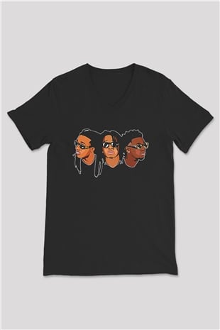 Offset Baskılı Unisex Siyah V Yaka Tişört - Tshirt