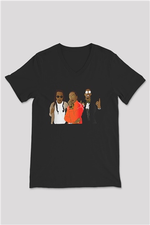 Offset Baskılı Unisex Siyah V Yaka Tişört - Tshirt