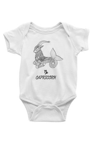 Oğlak Burcu Baskılı Beyaz Unisex Bebek Body - Zıbın
