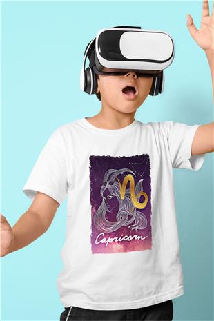 Oğlak Burcu Baskılı Beyaz Unisex Beyaz Çocuk Tişört - Tshirt