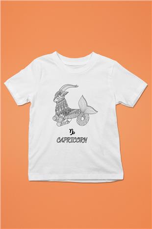 Oğlak Burcu Baskılı Beyaz Unisex Beyaz Çocuk Tişört - Tshirt