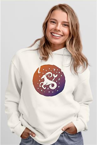 Oğlak Burcu Baskılı Beyaz Unisex Hoodie