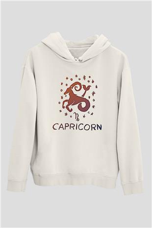 Oğlak Burcu Baskılı Beyaz Unisex Hoodie