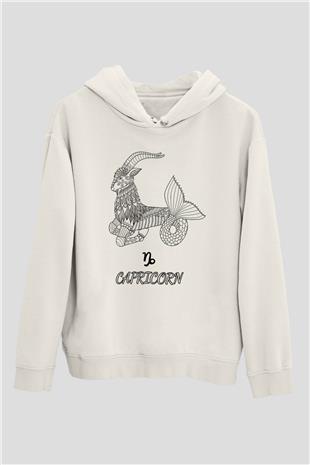 Oğlak Burcu Baskılı Beyaz Unisex Hoodie