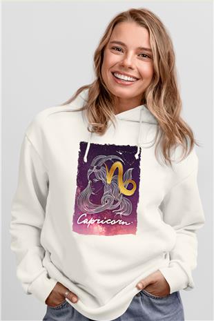 Oğlak Burcu Baskılı Beyaz Unisex Hoodie