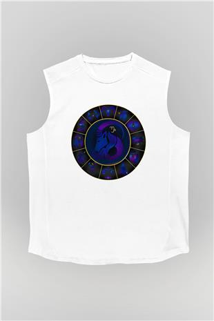 Oğlak Burcu Baskılı Beyaz Unisex Kolsuz Tişört - Tshirt