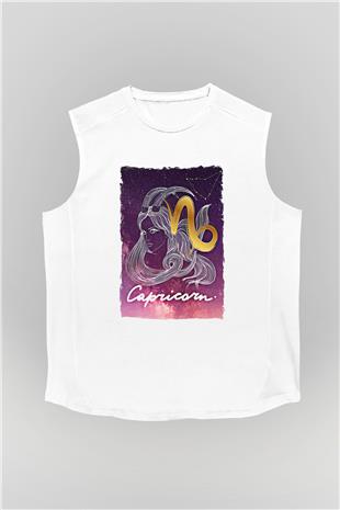 Oğlak Burcu Baskılı Beyaz Unisex Kolsuz Tişört - Tshirt