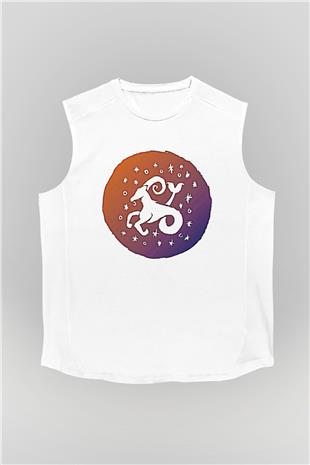 Oğlak Burcu Baskılı Beyaz Unisex Kolsuz Tişört - Tshirt