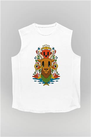 Oğlak Burcu Baskılı Beyaz Unisex Kolsuz Tişört - Tshirt
